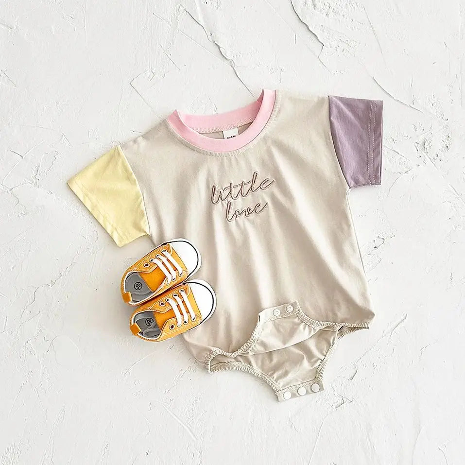 INS Newborn Girls Romper Short Sleeved Letter Embroidered Color Block Jumpsuit Baby Boys Clothes Summer Infant 0-18M