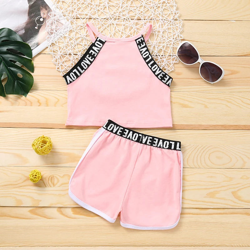 Trendy Summer Children's Sports Clothing Set 2-6Y Patchwork Letter Camisole and Shorts 2Pcs for Girls Kid's Casual Vest Outfit