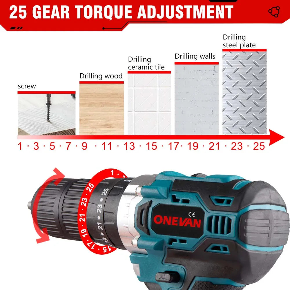 ONEVAN 1000W Brushless Electric Impact Drill 25+3 Torque 3 in 1 Cordless Screwdriver Power Tools For Makita Battery Pin