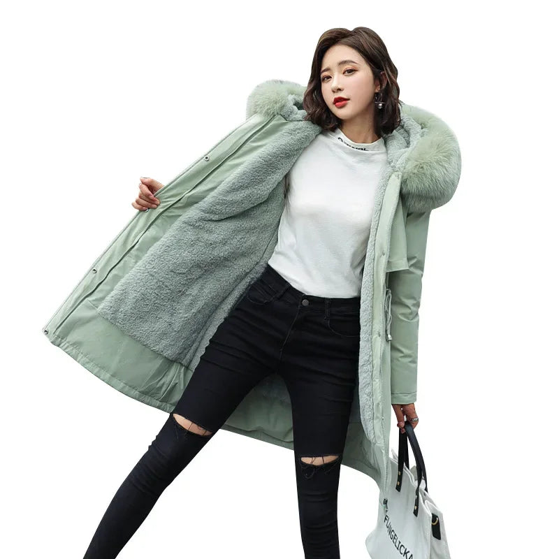 2024 New Women's Winter Parka Jacket, Long Coat with Wool Lining, Hooded Jacket with Fur Collar, Thick Warm Snow Wear, Fashion Parka