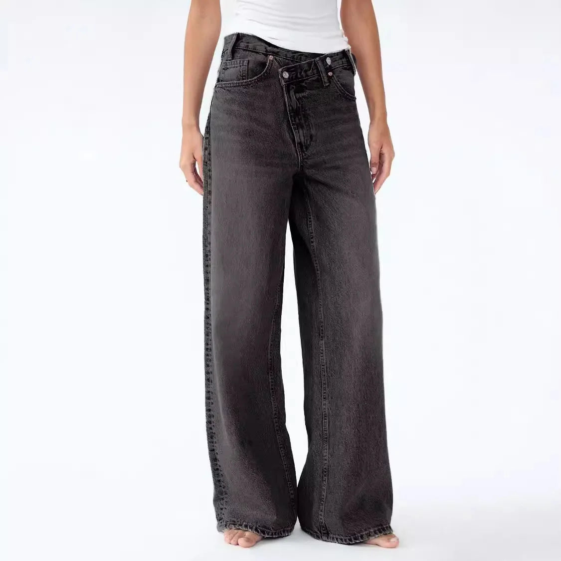 Women Floor Length Pant Jeans Denim Wide Leg Pants Straight Trousers Casual Loose Elegant Splice High Waist Autumn Winter