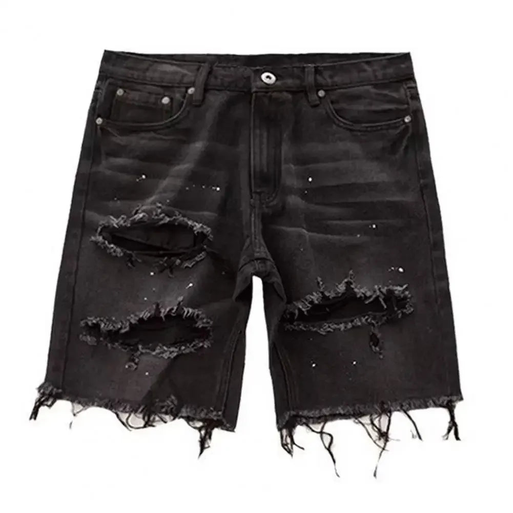 Deformed-resistant Denim Shorts Men's Summer Distressed Denim Shorts Straight Fit Ripped Holes Knee Length Jeans with Multi