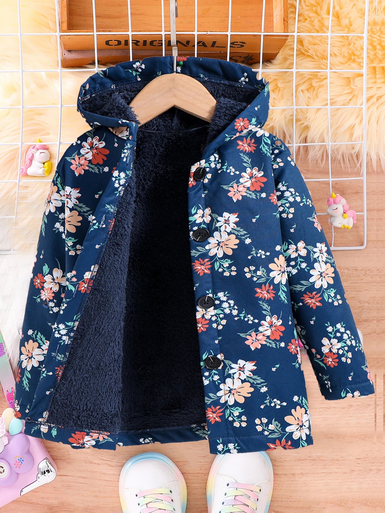 Fall/Winter Girls' Fleece Hooded Single-Breasted Floral Print Coat Holiday School Thermal Jacket Top