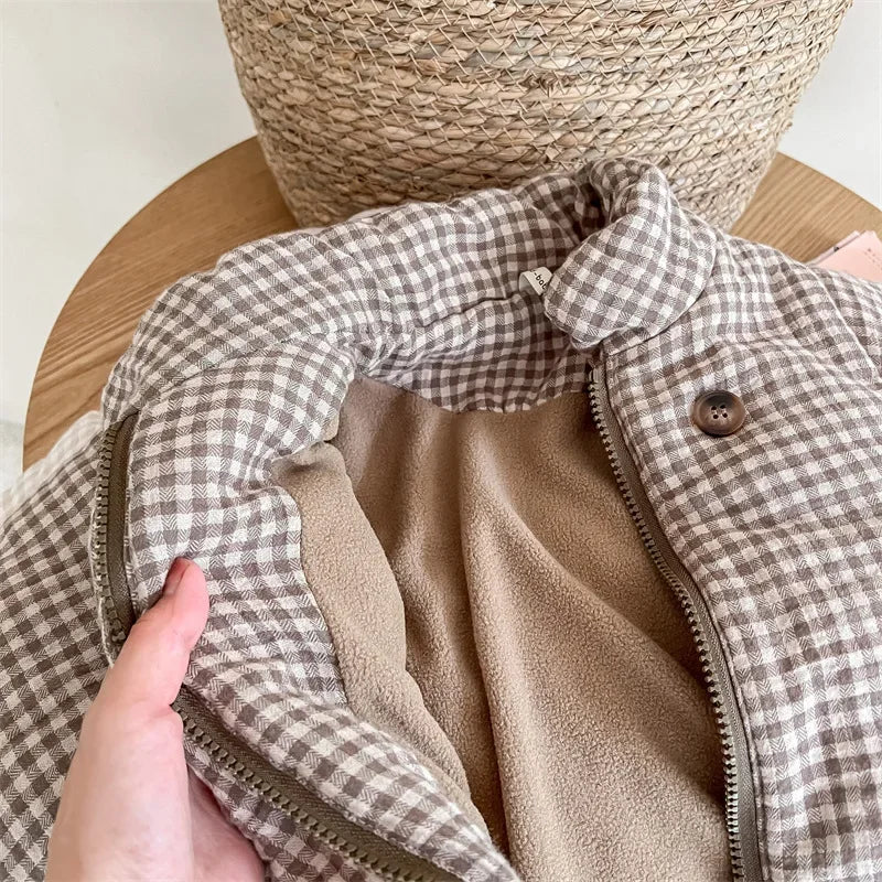 2025 New Winter Toddlers Kids Plaid Thicken Coats Korean Style Fleece Lining Children Warm Outerwear