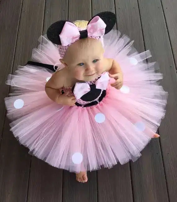 2021 Girls Rose Red Tutu Dress Set Baby Minnie Birthday Party Princess Dress With Headband Halloween Polka Dot Costume Cosplay