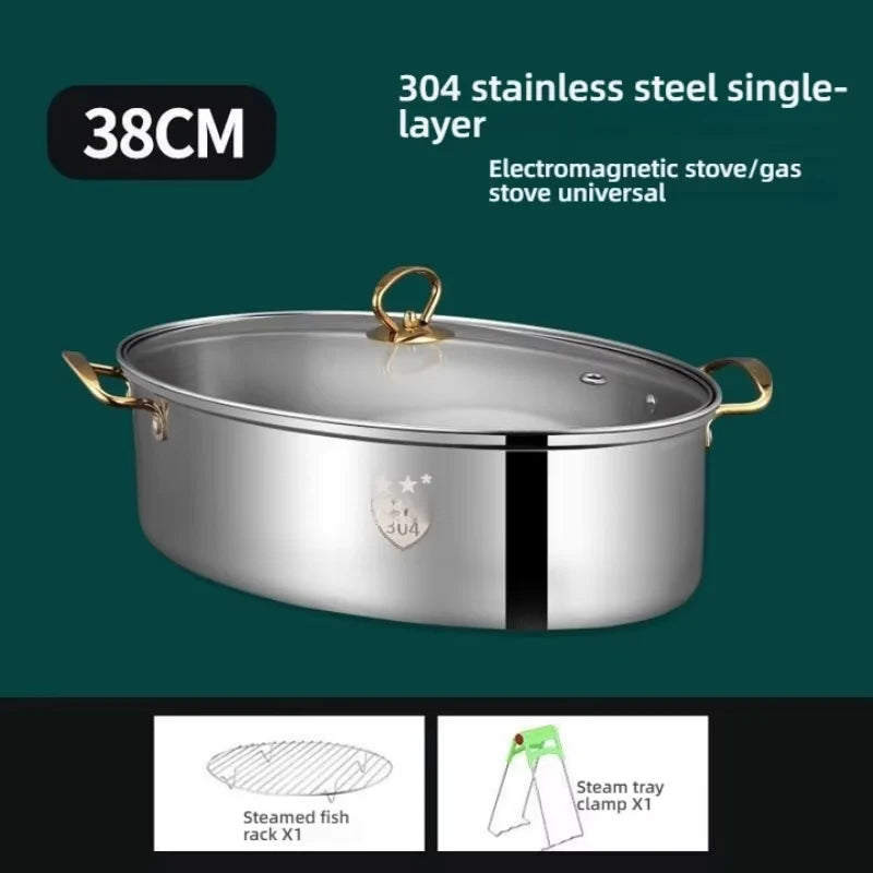 304 Stainless Steel Fish Steaming Pot Large capacity Seafood Pot Set Modern Design Pot for Kitchen Household Oval Steamer Tool