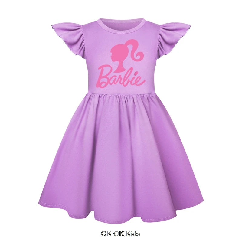 New Summer Dress Barbie the movie for Girls Kids Princess Tank Top Dress Girls Dresses Flying sleeve Childre Clothes +Bag 1-8T