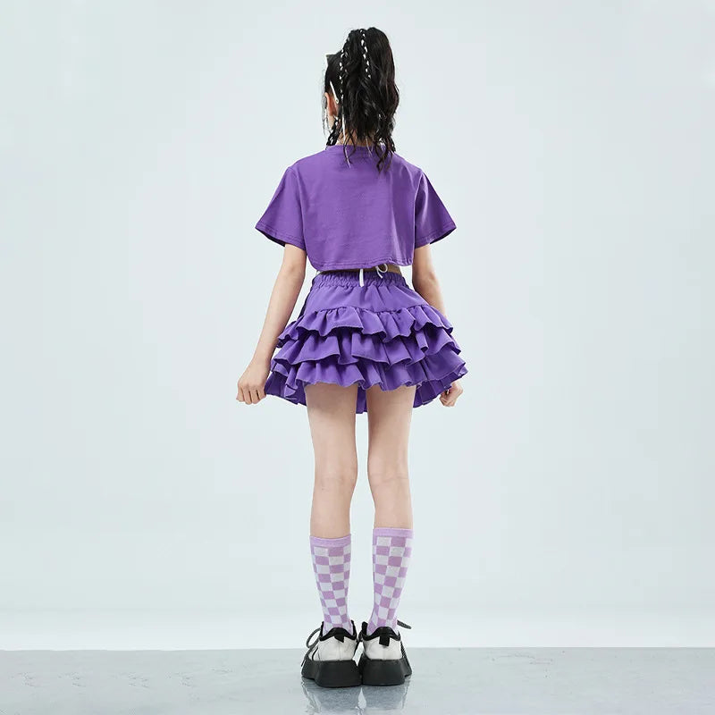 Girls Cute Summer Streetwear Children Hip Hop Crop Top Purple Tiered Skirts Clothes Sets Kids Teens Street Dance Jazz Costumes