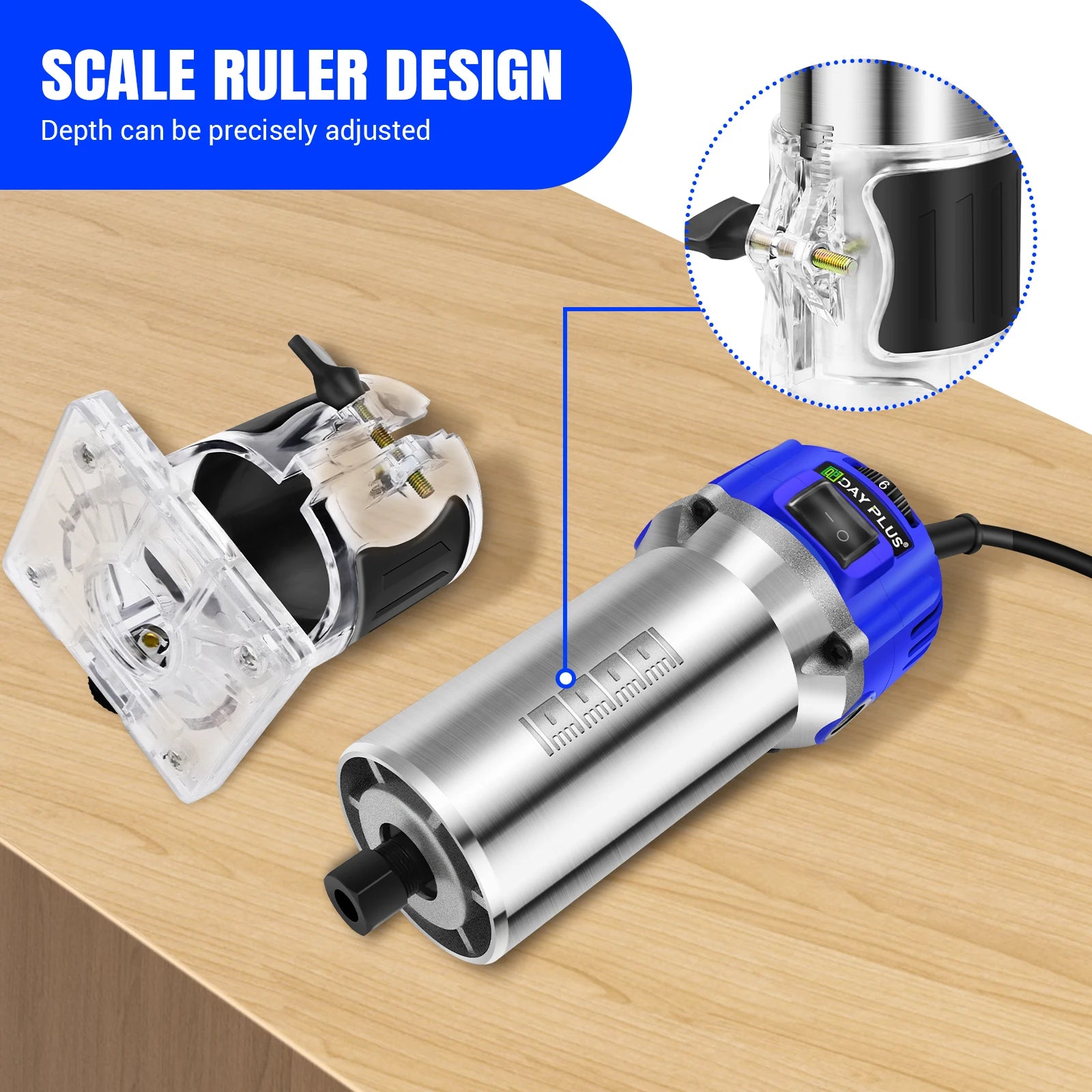 800W Electric Wood Hand Trimmer Laminator, , 4000-30000 RPM, 6 Variable Speed, 15PCS 1/4" Router Bits Set, Transparent Base