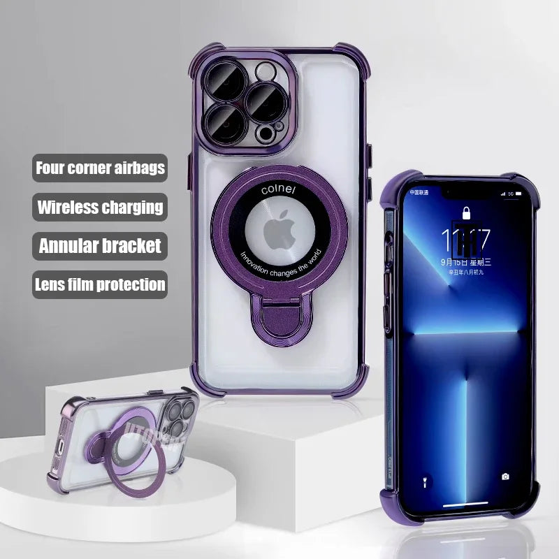 Luxury Golden Platinum TPU Ring Stand Transparent Phone Case for iPhone 16 15 14 13 11 12 Pro Max Plus - Magsafe Magnetic Protective Cover