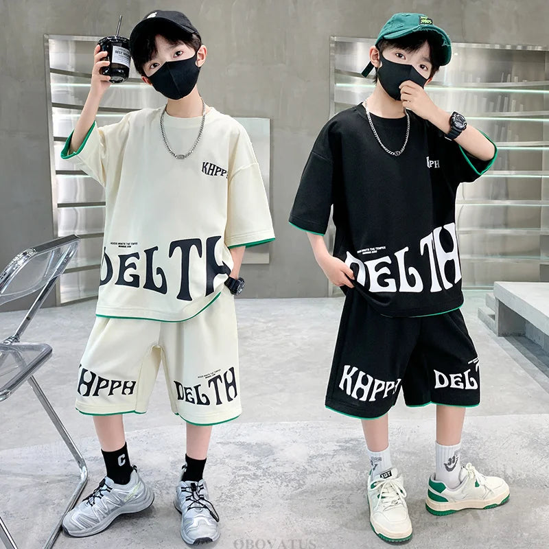 Children Summer Clothing Set For Boys Letter Print Sport Suit Kids Teenager Cotton Outfits Casual Short Sleeve Tracksuit Costume