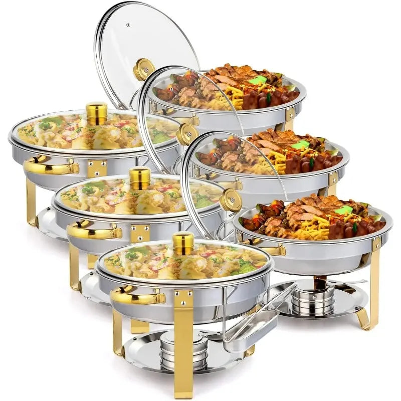 Dish Buffet Set Gold Accent Round NSF Stainless Steel Warmer Glass Lid Holder Catering Event Party