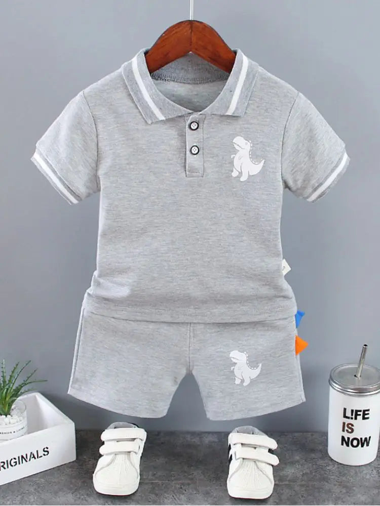 Infant Baby Boy Sets Summer Clothing Casual Sport Suit POLO Shirt + Shorts 2Pcs Set Boys Kids Gray Dinosaur Print Tracksuit