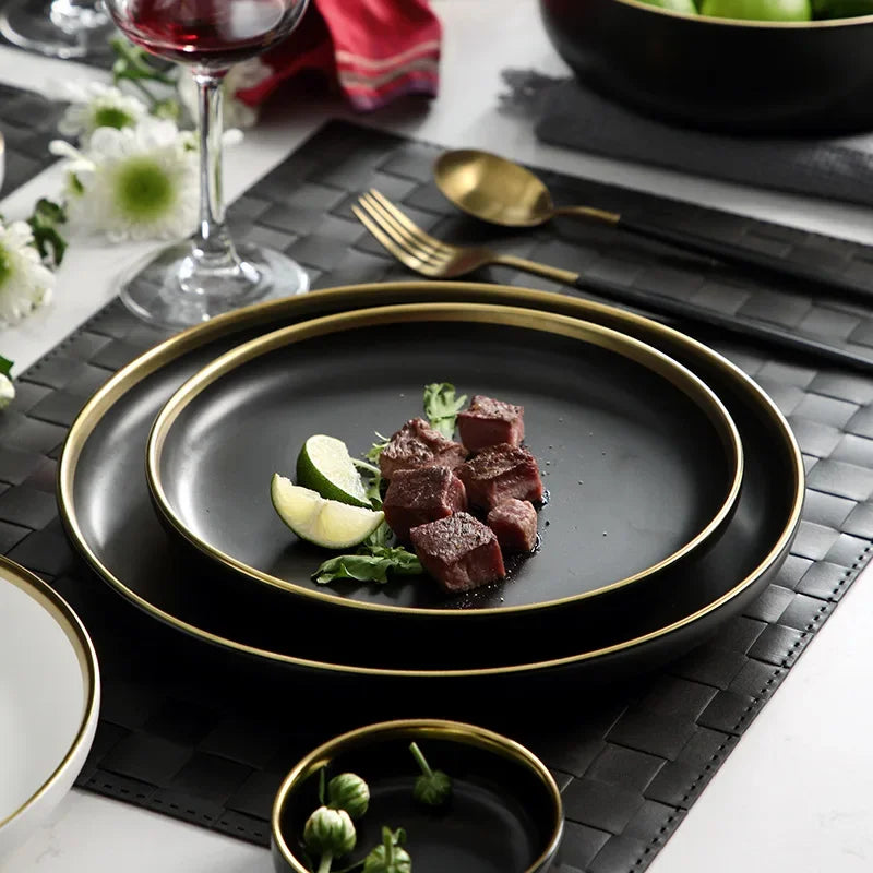 Porcelain Dinner Plates Dishes Plates and Bowls Set Black Tableware Set Food Plate Salad Soup Bowl Dinnerware Set for Restaurant