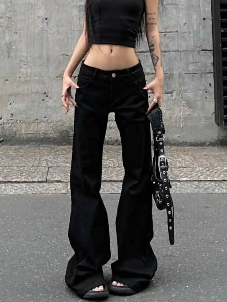 2025 Autumn Winter Women's Flared Denim Pants Y2k Low Rise Jeans Trumpet Pants Bell Bottom 2000s Slim Black Stacked Jeans New In