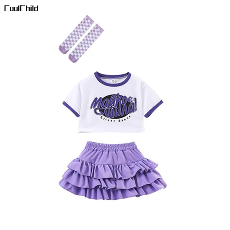 Girls Cute Summer Streetwear Children Hip Hop Crop Top Purple Tiered Skirts Clothes Sets Kids Teens Street Dance Jazz Costumes