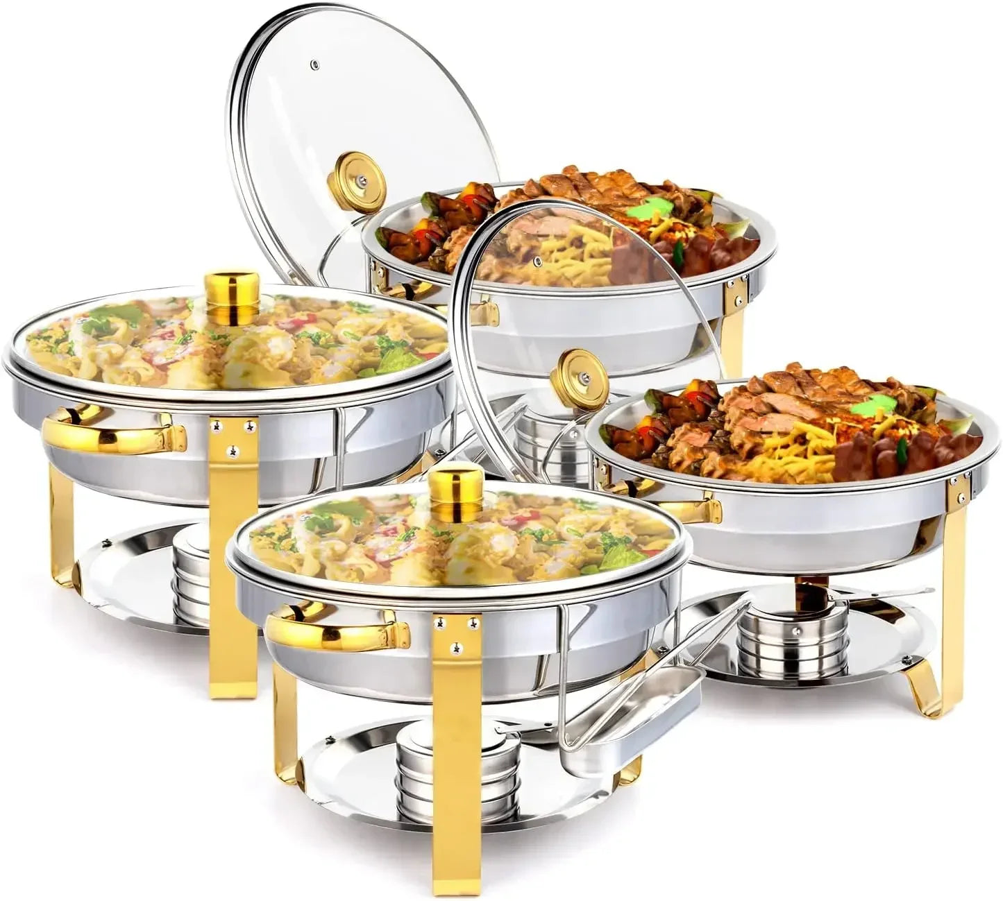Chafing Dish Buffet Set Gold Accent Round NSF Stainless Steel Warmer Glass Lid Holder Catering Event Party