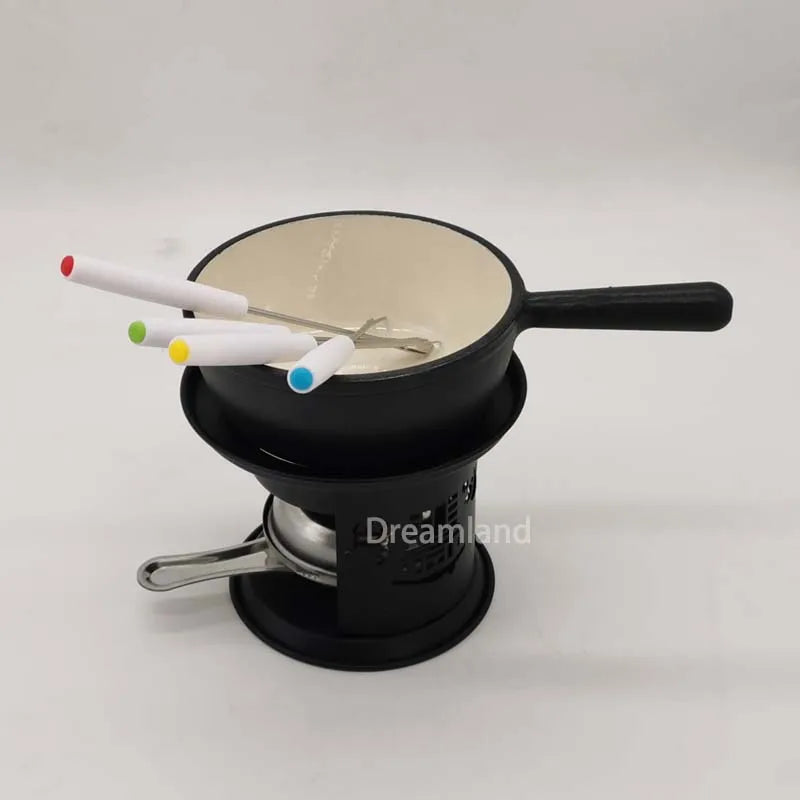14cm Mini Enameled Cast Iron Fondue Cheese Hotpot with Alcohol Stove