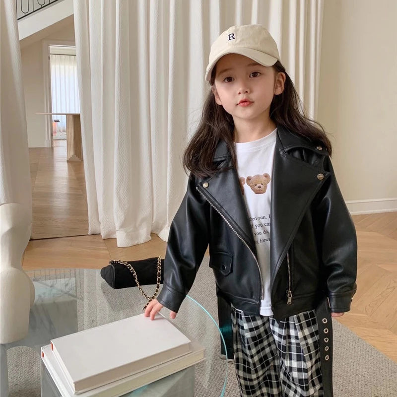 Autumn Girls Coat Waterproof And Stain Resistant Artificial Leather Fashion Zipper Jacket For 2-8 Years Girl Children Outdoor
