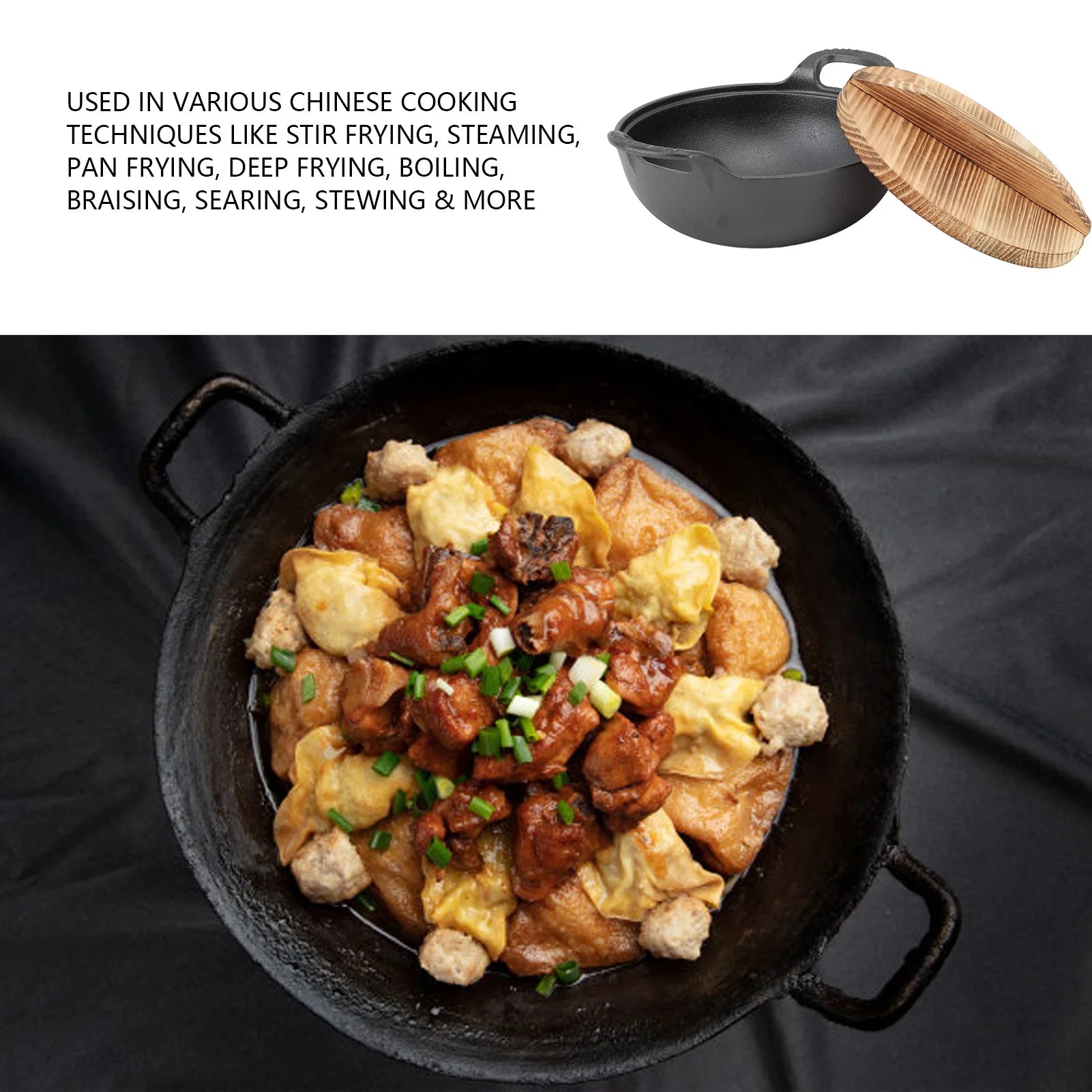 Cast Iron Wok Wooden Lid Flat Base 2 Loop Handle Even Heat Multifunctional Stir Fry Pan for Kitchen