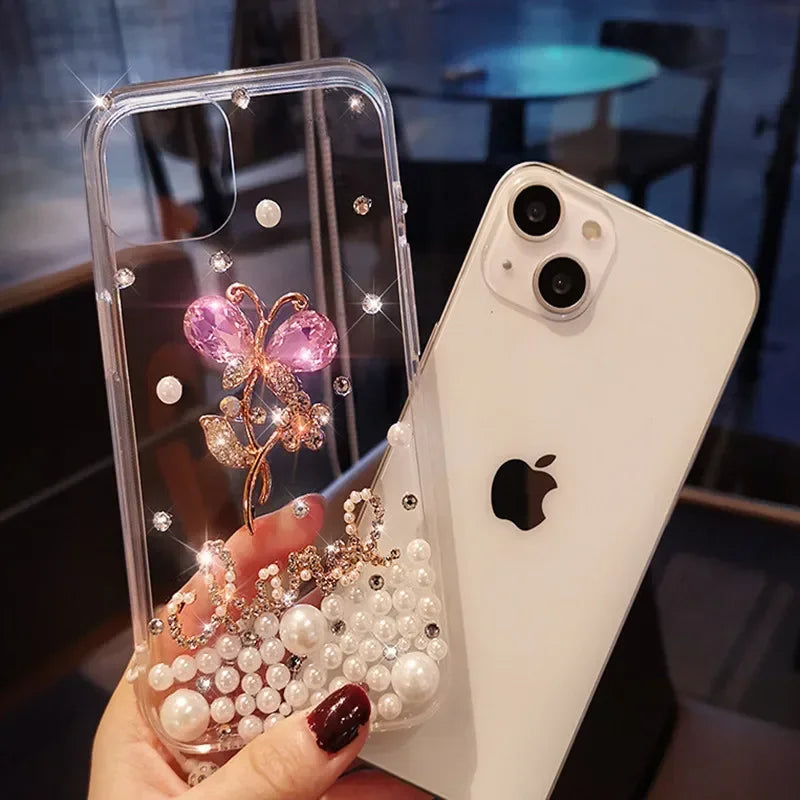 Fashion Bling Diamond Rhinestone Flower Case Cover For Iphone 17 Air 16 14 15 12 13 Pro MAX XS XR 7 8 PLUS Soft Clear Phone
