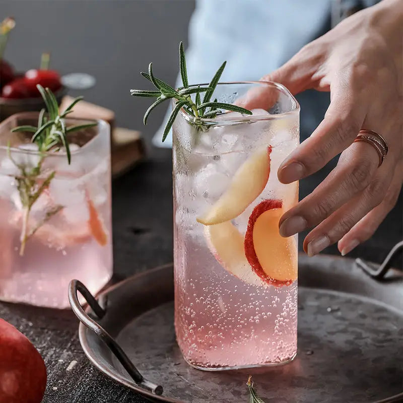 1PCS Creative Square Glass Transparent Cold Drink Large Capacity Iced Coffee Milk Tea Drinking Cup Red Wine Glass Coffee Cup