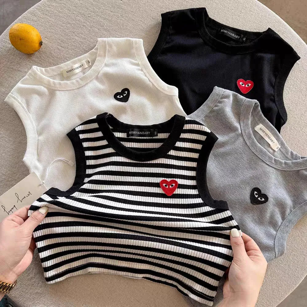 T2667 Summer New Children's Sleeveless Vest Boys 2025 Love Heart Baby Striped Workwear Thin Style Small Kids T-Shirt