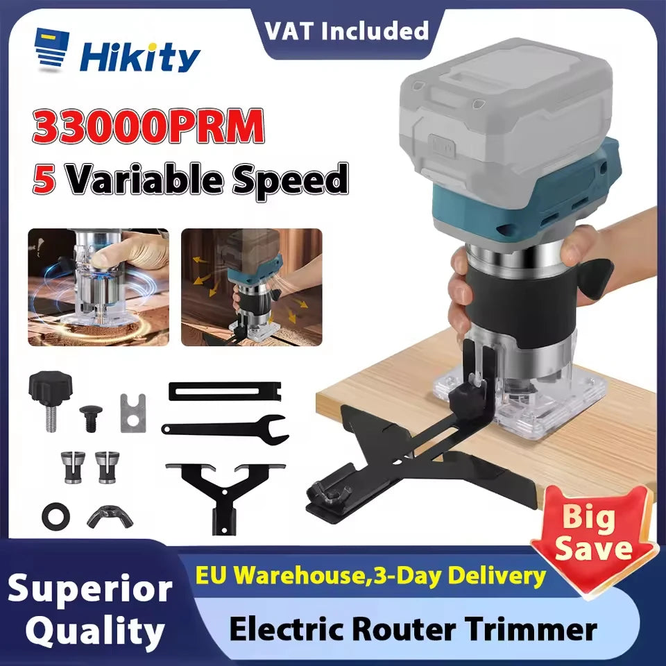 Hikity 5 Speeds 33000RPM Brushless Electric Hand Trimmer Cordless Wood Router Woodworking Engraving Slotting Without Battery