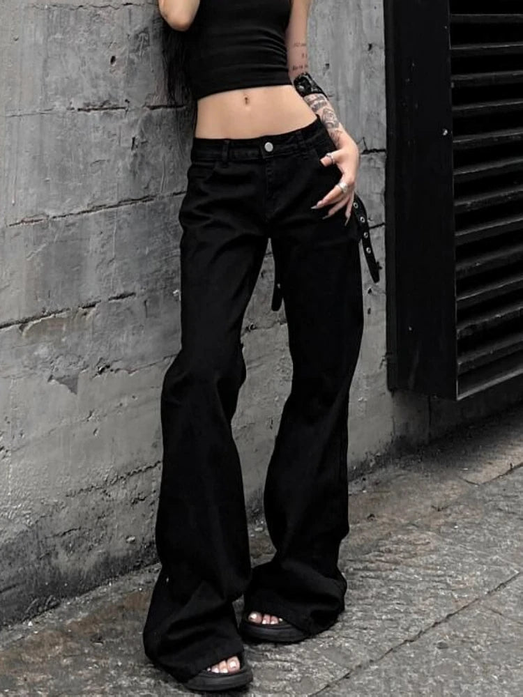 2025 Autumn Winter Women's Flared Denim Pants Y2k Low Rise Jeans Trumpet Pants Bell Bottom 2000s Slim Black Stacked Jeans New In