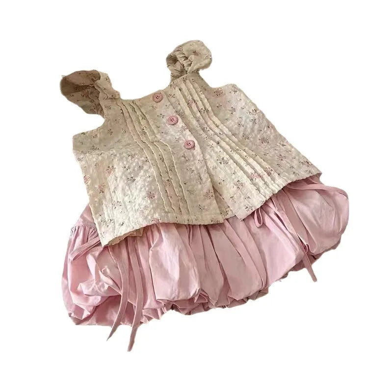 Girls' Summer Clothes Set 2025 New Korean Style Children's Fashion Floral Print Vest+ Skirt for Girls Baby Fashion Two Piece Set