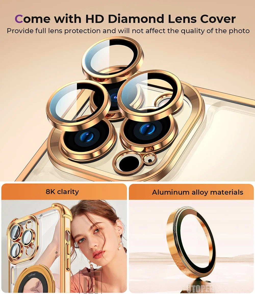 Luxury Golden Platinum TPU Ring Stand Transparent Phone Case for iPhone 16 15 14 13 11 12 Pro Max Plus - Magsafe Magnetic Protective Cover
