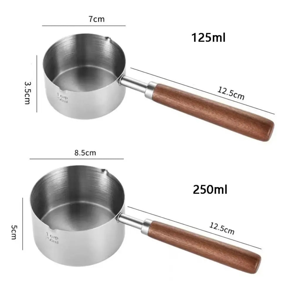 Dripping Sauce Pot Wooden Handle Milk Pan 304 Stainless Steel Spout Oil Pot Deepen with Scale Small Sauce Pan Butter Melting