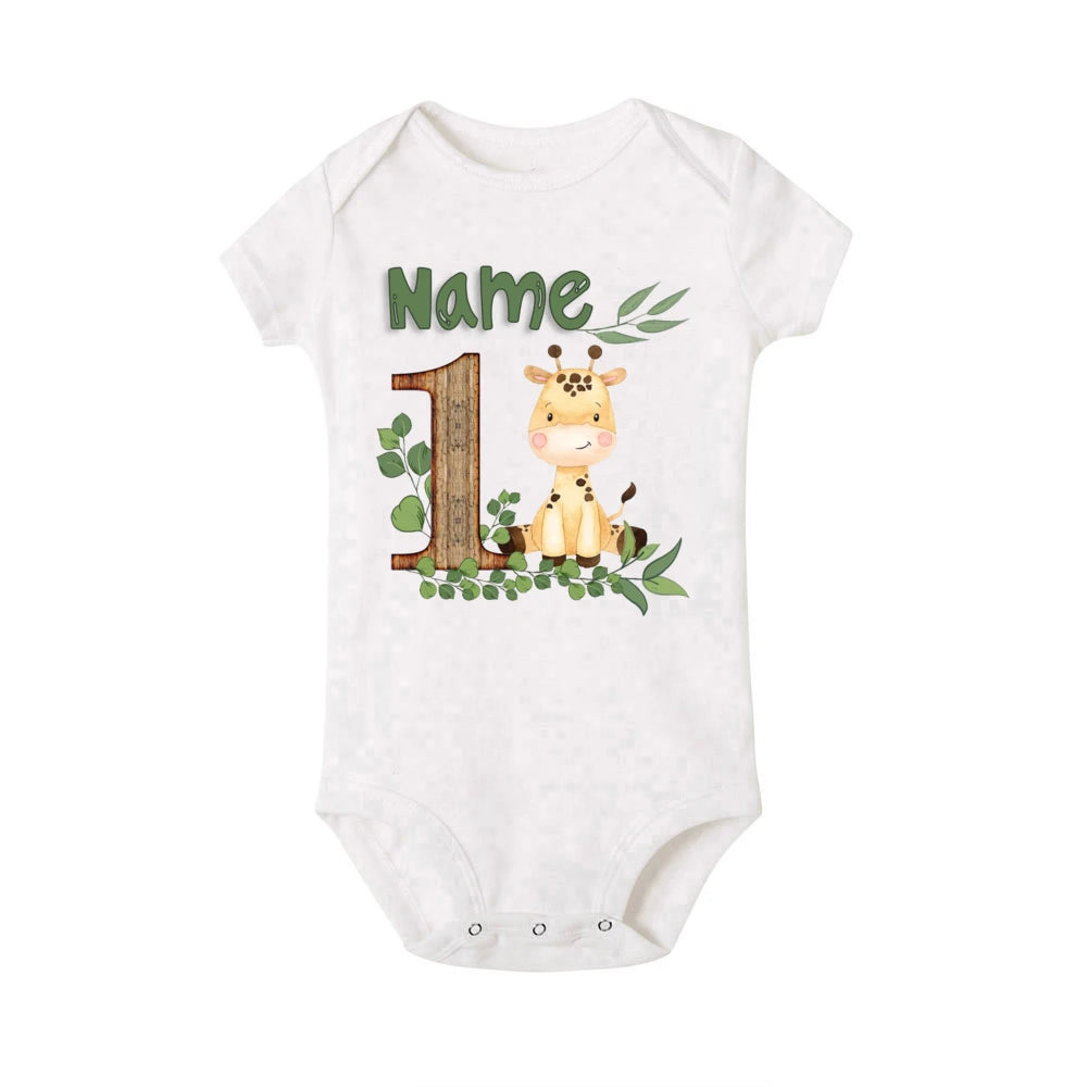 Personalized Safari Animal with Name Baby Romper Newborn Wild One Jungle Birthday Party Bodysuit Jumpsuit Infant Shower Gifts