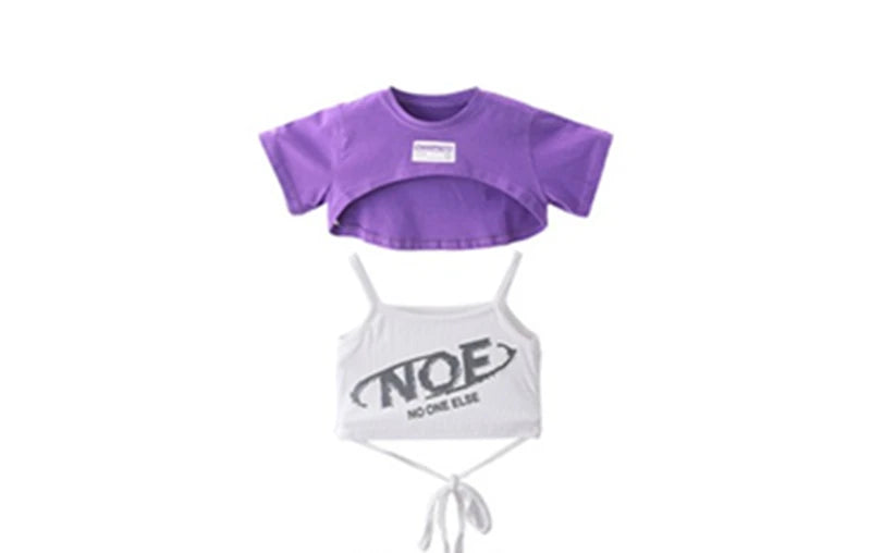 Girls Cute Summer Streetwear Children Hip Hop Crop Top Purple Tiered Skirts Clothes Sets Kids Teens Street Dance Jazz Costumes