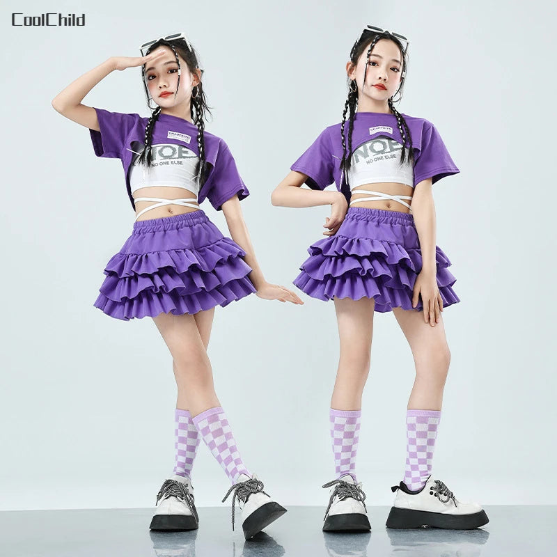 Girls Cute Summer Streetwear Children Hip Hop Crop Top Purple Tiered Skirts Clothes Sets Kids Teens Street Dance Jazz Costumes