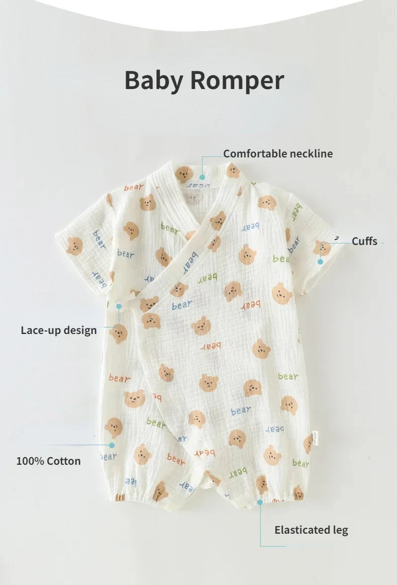 Girls Baby Summer Short-sleeved Jumpsuit Kids Gauze Cotton Full Print Romper Clothes Newborn Pajamas 0-18M