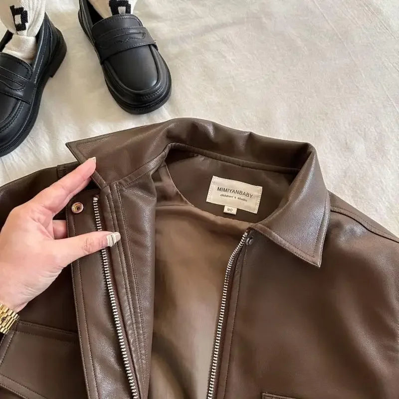 2-10Y Baby Boys Girls Zipper Jackets Brown PU Leather Lapel Collar Coats Korean Style Autumn Single Breasted Toddler Cardigans