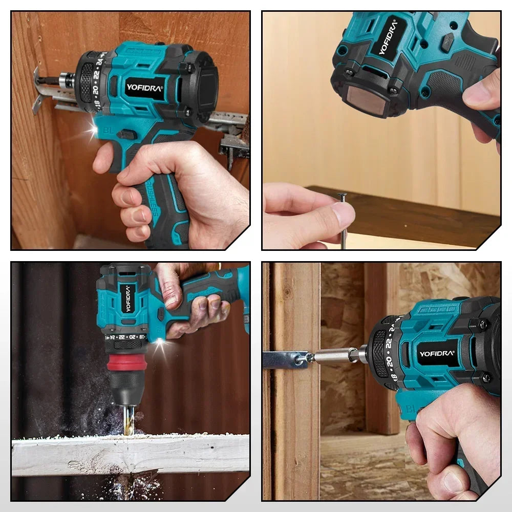 YOFIDRA 2 in1 Brushless Electric Screwdriver Hammer Cordless Drill Impact Multifunctional Power Tool For Makita 18V Battery Pin
