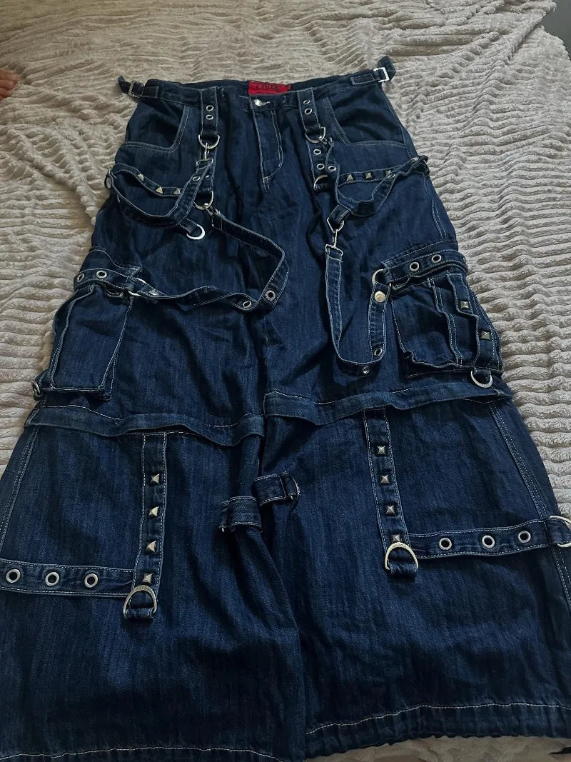 Y2K Fashion Trend Washing Heavy Industry Multi-pocket Baggy Jeans Men Gothic New Hip Hop Oversized Wide-leg Pants Mopping Jeans
