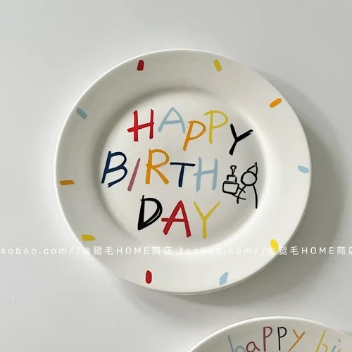 Korean Plate Designer Cute Happy Birthday Tableware Ceramic Coffee Cup Plate Dessert Cake Plate Cup Creative Birthday Gift