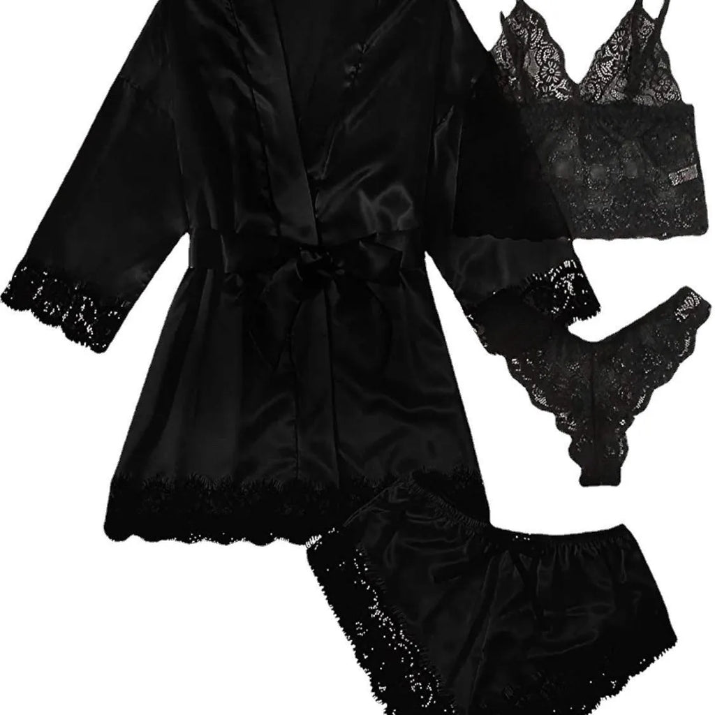 New Women's Sleepwear Set For Summer, A 4-piece Lace Camisole Home Outfit With A Robe, A Sexy V-neck Tie-sleeve Nightdress