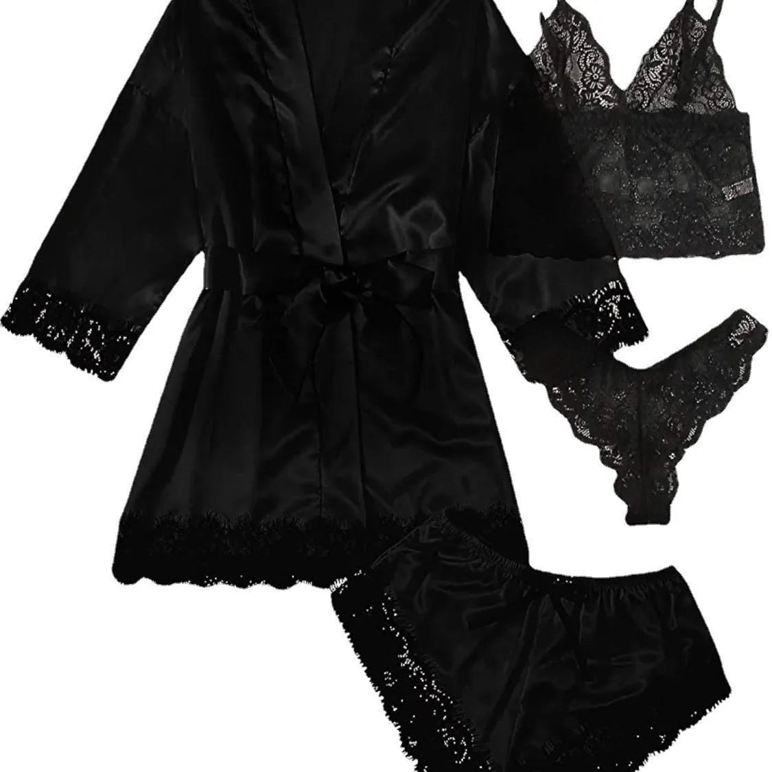New Women's Sleepwear Set For Summer, A 4-piece Lace Camisole Home Outfit With A Robe, A Sexy V-neck Tie-sleeve Nightdress