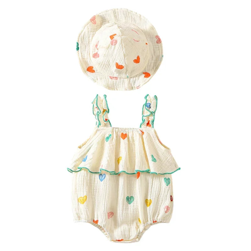 Summer Suspenders Bodysuit for Baby Girls 0-2Y Heart Printed One Piece Infant Clothes Toddler Sleeveless Jumpsuit with Hat