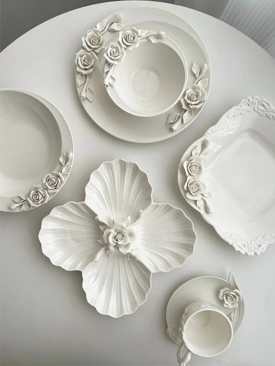 European Relief Hand Held Flower Bowl, Plate, Cup And Tableware Set For Home Afternoon Tea, Exquisite Ceramic Display Plate