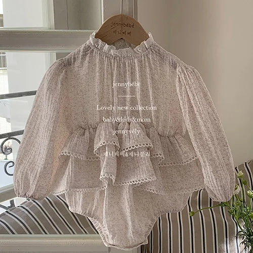2024 New Spring 0-24M Children Clothes Korean Style Climbing Suit Long Sleeved Cotton Lace Splicing Toddler Baby Girl Romper