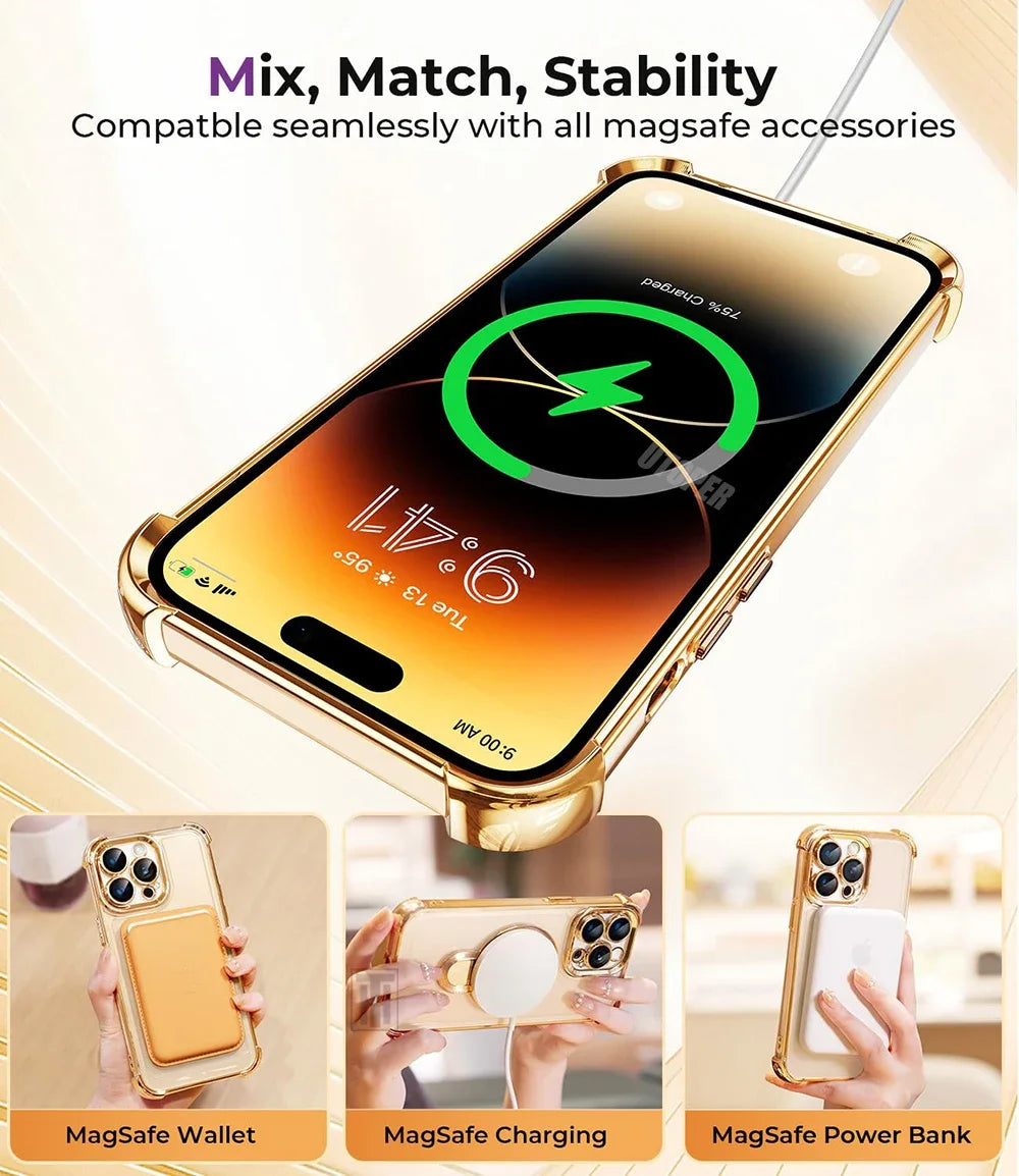Luxury Golden Platinum TPU Ring Stand Transparent Phone Case for iPhone 16 15 14 13 11 12 Pro Max Plus - Magsafe Magnetic Protective Cover