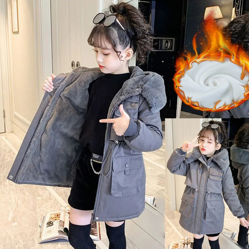 Thicken Girls Jackets Plush Velvet Fur Collar Kids Coats Children's Winter Warm Hooded Outerwear Teenager Fashion Padded Parka