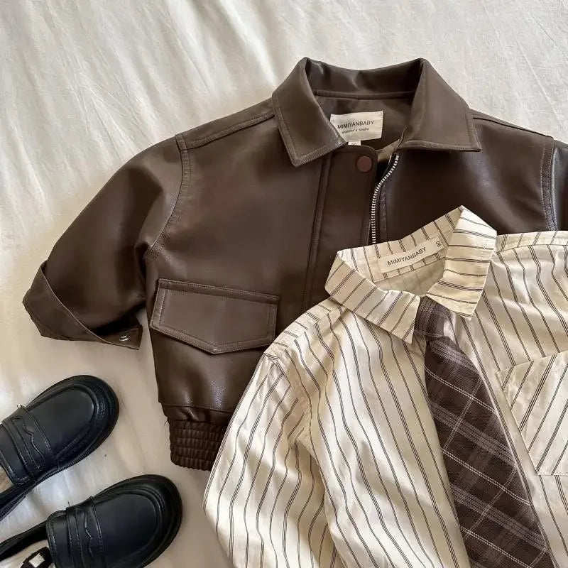 2-10Y Baby Boys Girls Zipper Jackets Brown PU Leather Lapel Collar Coats Korean Style Autumn Single Breasted Toddler Cardigans