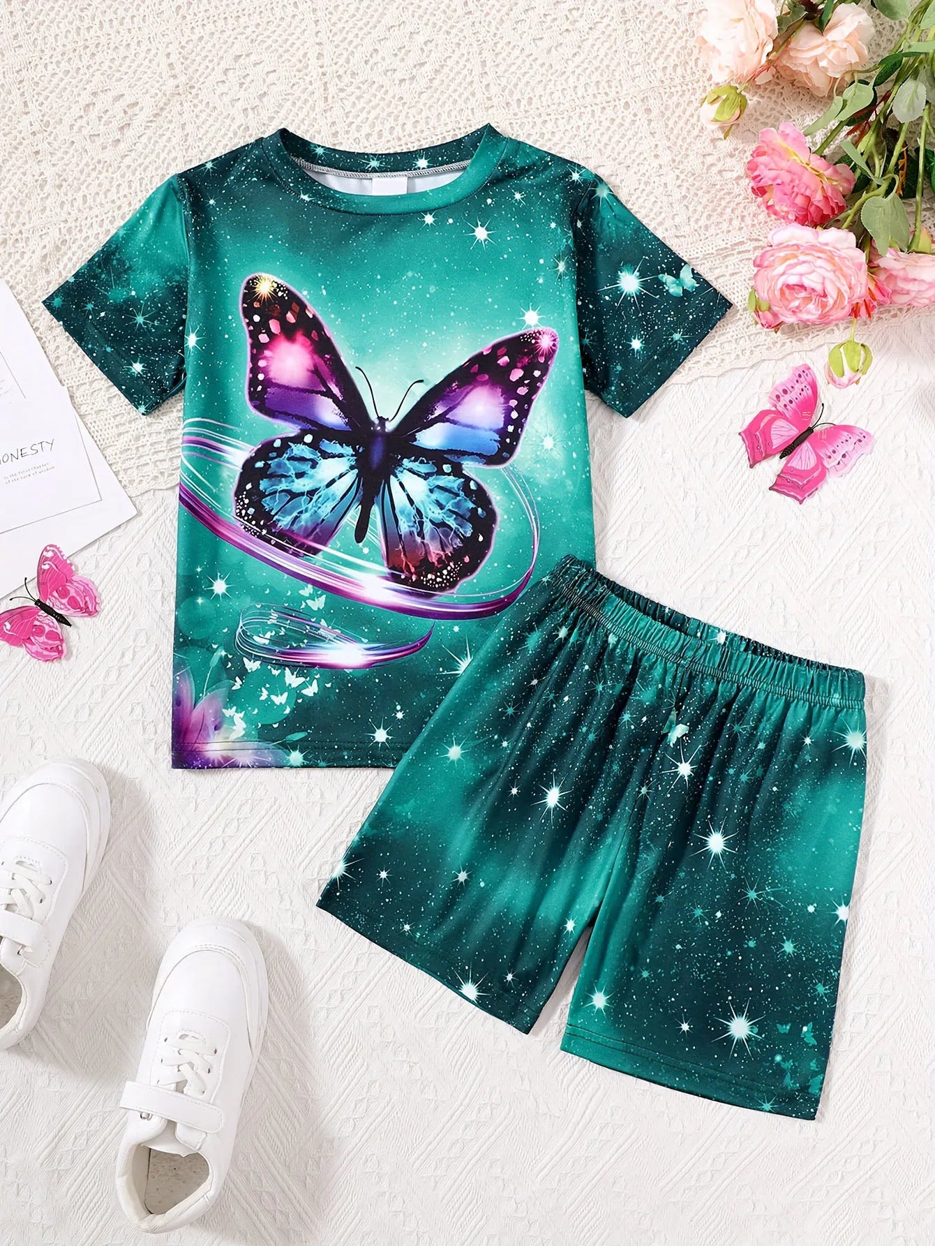 Children's Clothing Set for Girls Short Sleeve Girl Shorts 3D Butterfly Print Casual Girls Summer Clothes Pink Children's Sets
