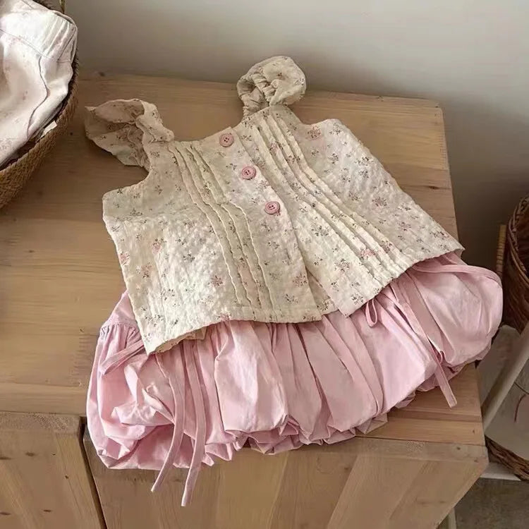 Girls' Summer Clothes Set 2025 New Korean Style Children's Fashion Floral Print Vest+ Skirt for Girls Baby Fashion Two Piece Set